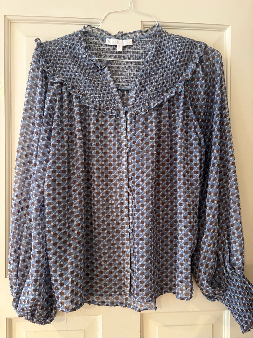 Karlie Smocked Collar Blue Patterned Women's Blouse. Large